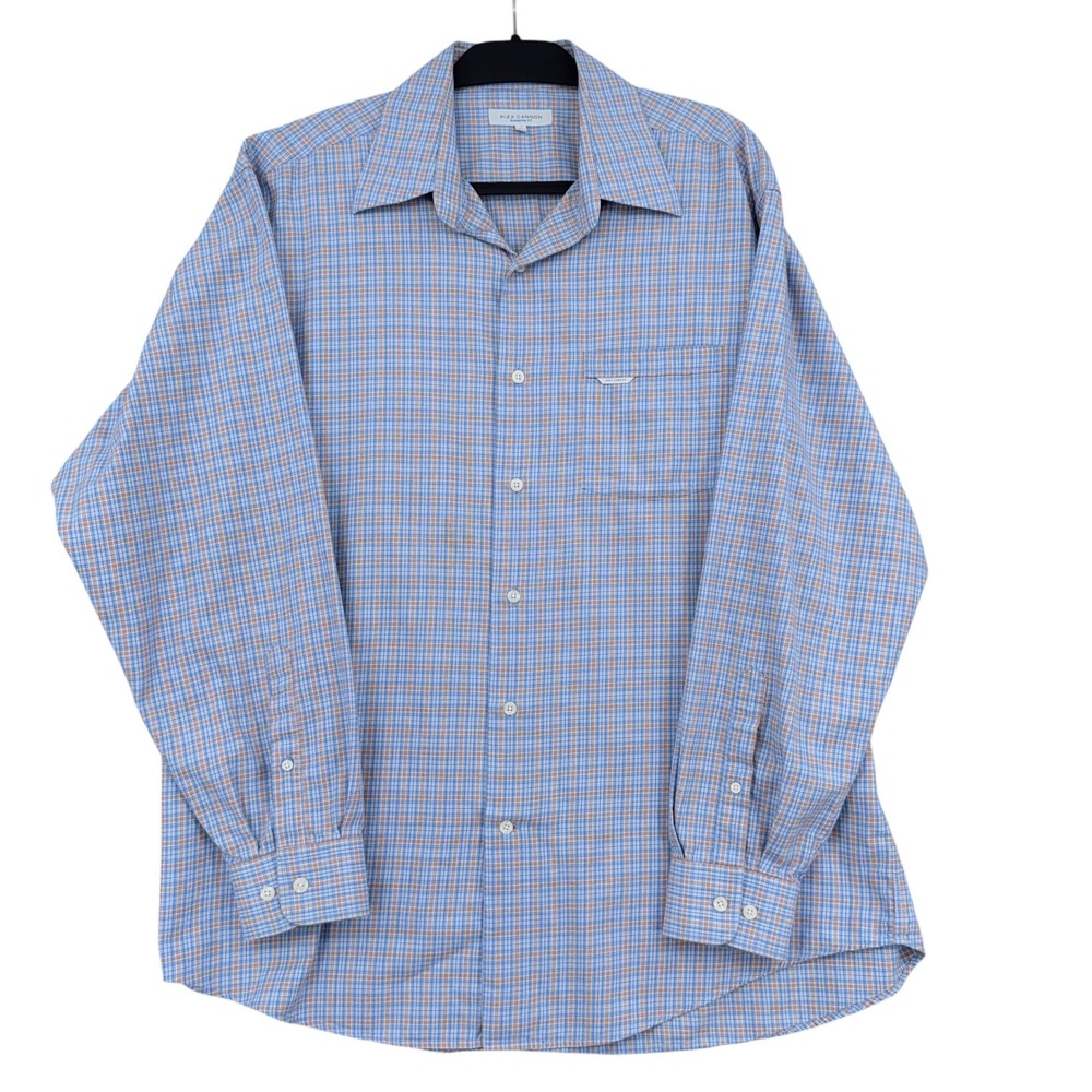 Alex Cannon Button Down Mens XL 100% Cotton Plaid Blue Brown Long Sleeve Shirt
